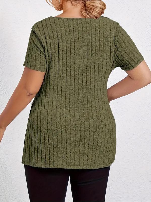 Plus Size Plain Split Hem V Neck Tee, Casual Short Sleeve T-shirt for Summer, Women's Plus Clothing for Daily Wear 1