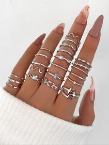 Anillos elegantes para mujer decorados con diamantes de imitación, diseño de estrella y corazón (22 piezas), anillos casuales y modernos para fiestas, decoración de ropa diaria, joyería versátil y exquisita para regalo de cumpleaños