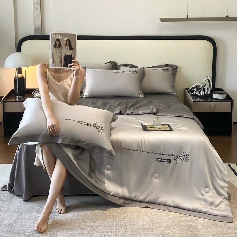  Chaming Sét Lụa Hàng Nhập  Kết hợp Chất Liệu Vải ,Dày Dặn Bóng Mềm Mịn Mát  Chăn Trần Bông Tơ Tằm  Trọn Bộ Sét 5 Món  Gồm  Mền Drap  2 áo Nằm ,1 áo  ôm 