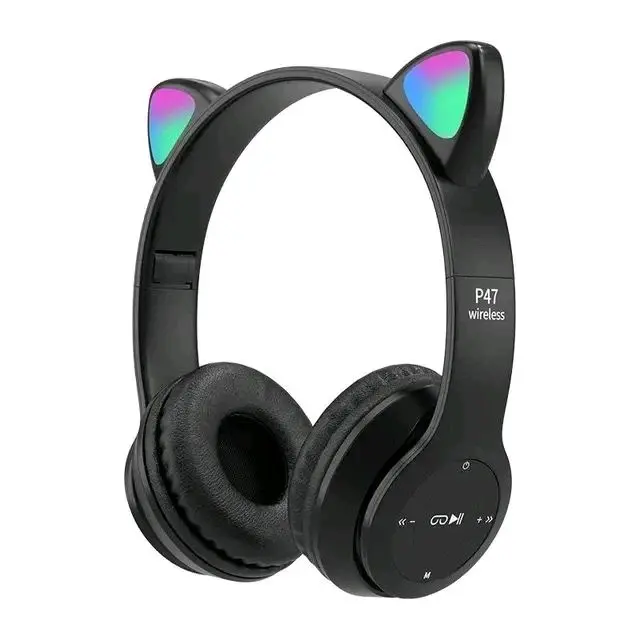 Termurah Headphone Bluetooth P47M RGB LED / Cute Cat Ear Wireless Audio Stereo Super Bass headset bando model kelinci Peredam Kebisingan 1