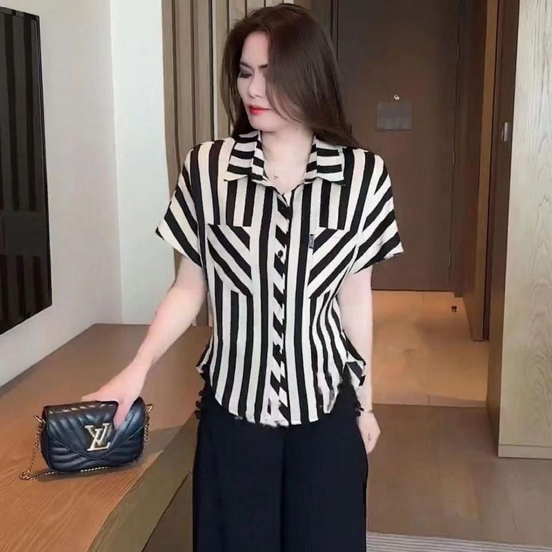 Áo Sơ Mi ngắn Tay Sọc, Hợp Xu hướng, Dành Cho Phụ Nữ, Thời Trang Mới Mùa Hè, Phong Cách Mẹ, Áo Bó Sát Áo Mặc Bên Ngoài Sành Điệu, Áo Cánh ống loại thẳng đóng cúc áo cánh & áo sơ mi kute đính charm áo cánh & áo sơ mi uniq  lovietnam Quần Bò Jeans giặt bằng 1