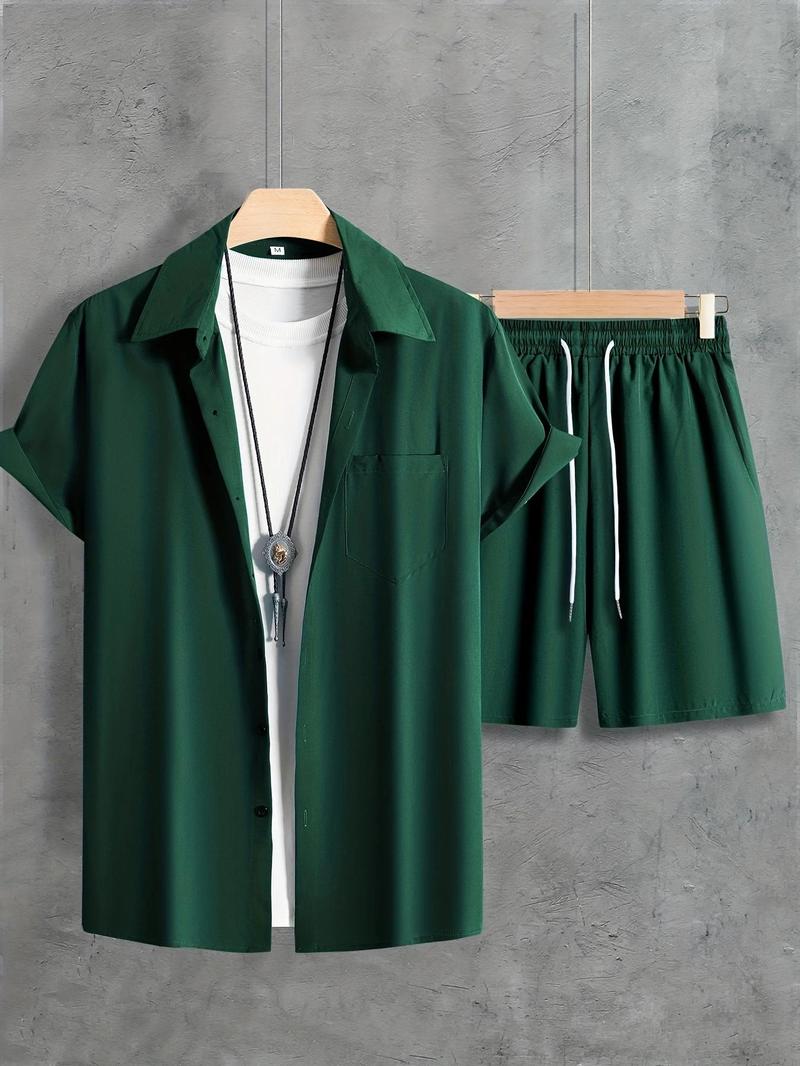 Product Introduction of 2 Counts Men's Plain Co-ord Set, Regular Fit Basic Button Front Shirt & Drawstring Shorts, Summer Outfits for Men 13