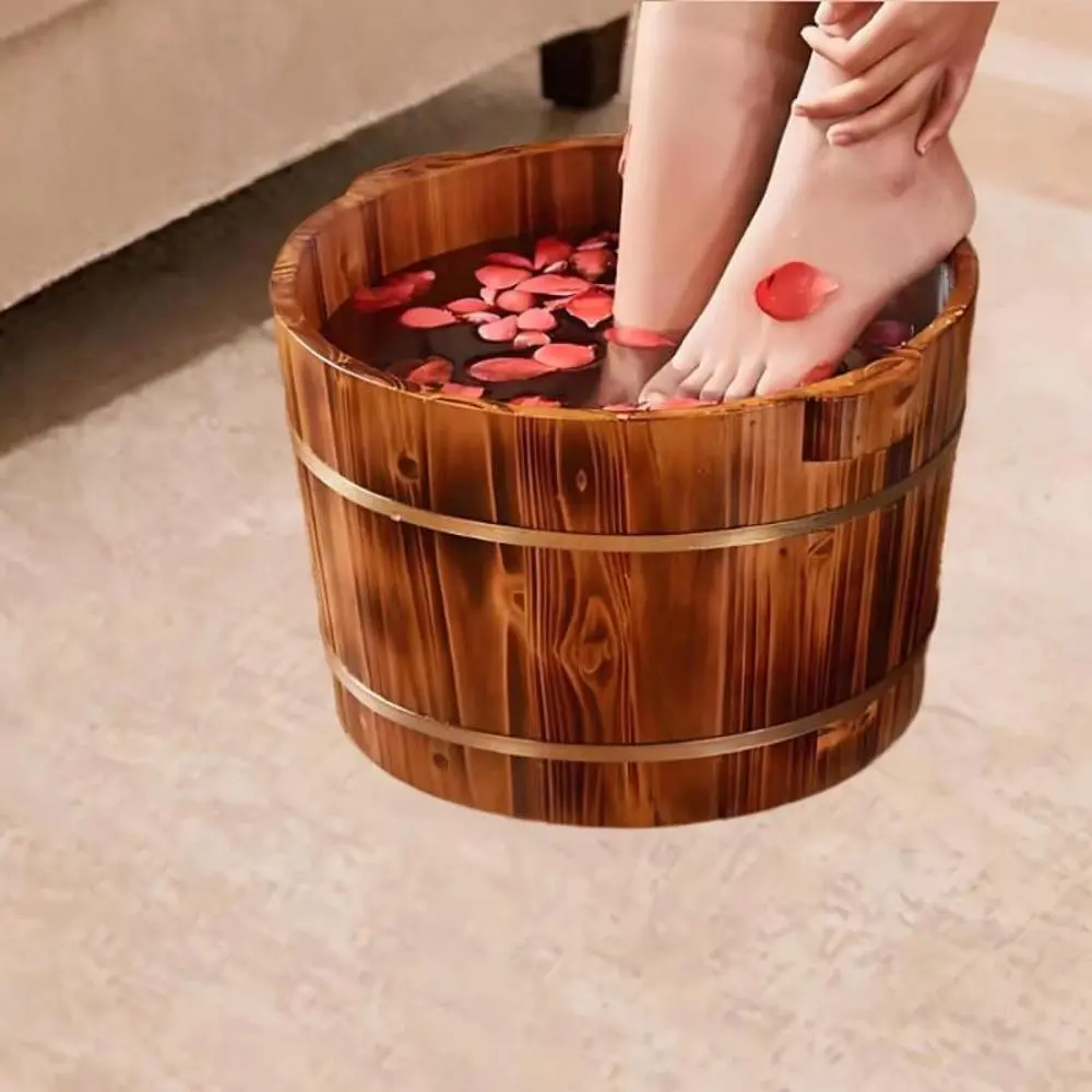 Acupuncture Points with Double Handle Foot Bath Basin Foot Soaking Bath Basin Wood Footbath Basin for Sauna Room Outdoor Travel