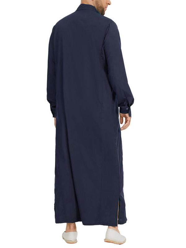 Men's Loose Solid Button Front Split Hem Kaftan, Modest  Mock Neck Pocket Arab Thobe, Casual Men's Islamic Clothing for Daily Wear 1
