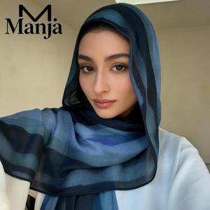 Shawl Cotton Dengan Corak Belang Biru Tudung Cotton Long Scarf Muslim Hijab