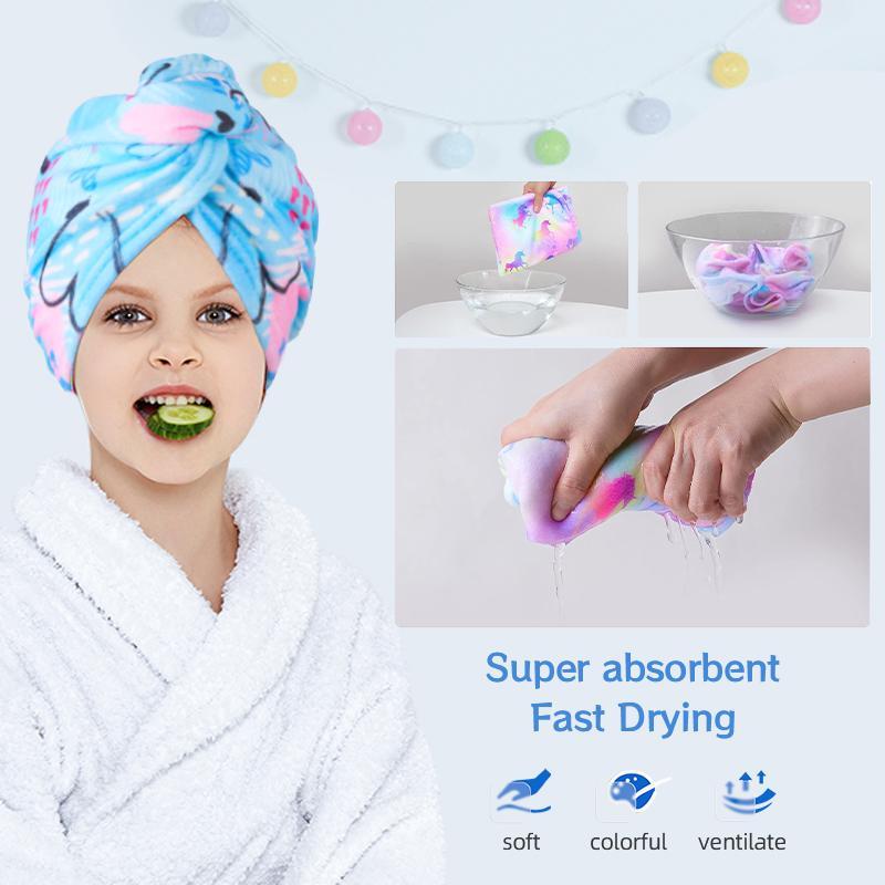 Hair Towel Wrap with Button, 1 Set Cute Cartoon Pattern Hair Drying Towel, Water Absorbent Hair Towel for Kids 4