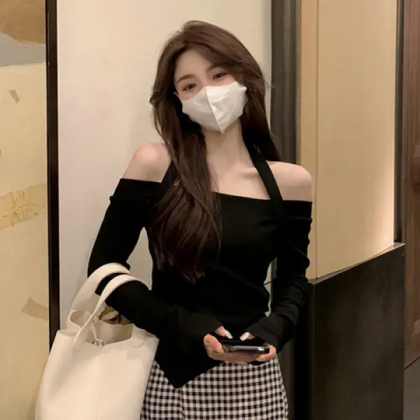 Rib off-shoulder long-sleepred T-shirt hot girl deli short slim T-shirt top
