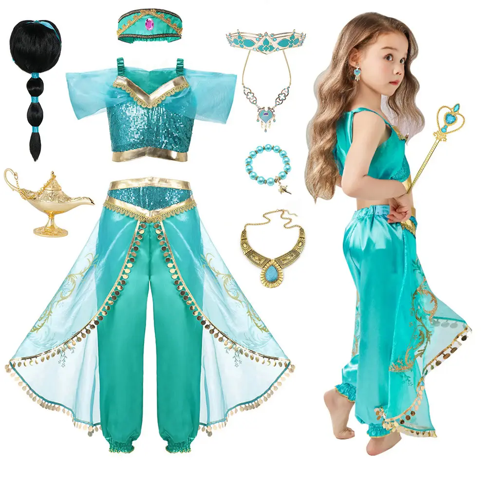 Kostum Jasmine, Untuk Gadis, Tema Disney, Set Seluar Lampu Ajaib Puteri Aladdin, Pakaian Karnival, Vestidos, Kostum Cosplay Pesta Halloween