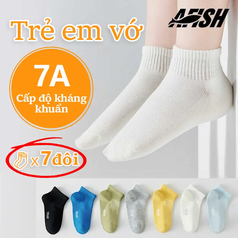 AFISH Bộ 7 đôi,Tất thể thao kháng khuẩn 7A cho trẻ em – Khử mùi hôi chân!  Dành cho bé từ 6-12 tuổi | Chống khuẩn hiệu quả >97% sau 150 lần giặt  Tạm biệt mùi hôi chân! 0