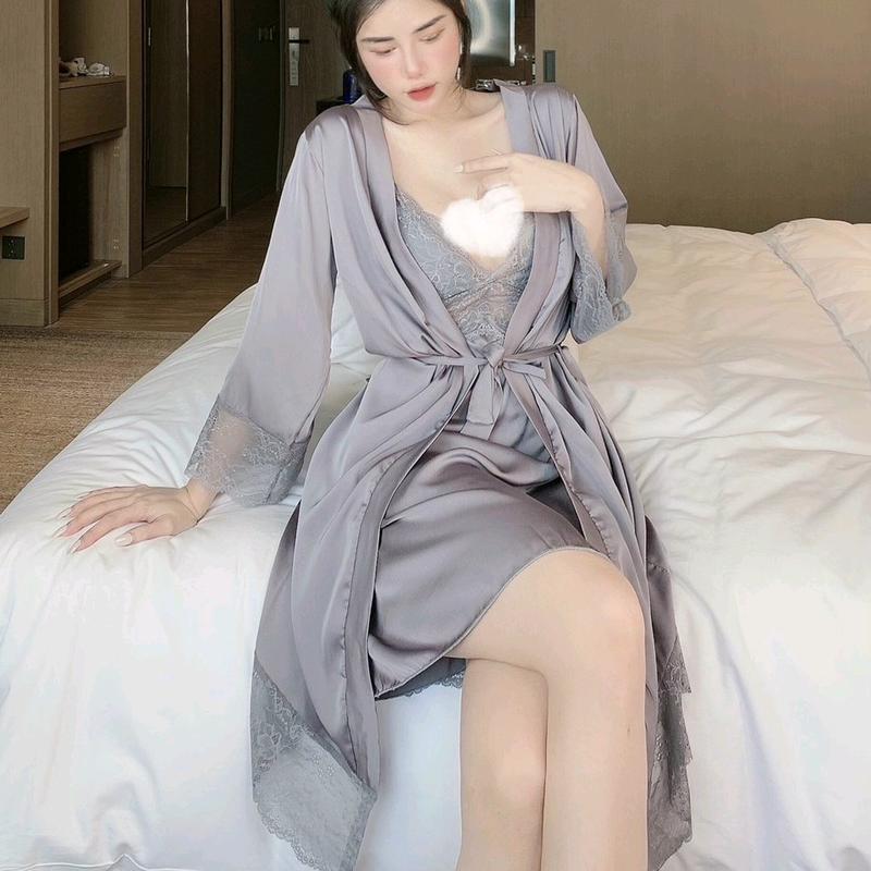 Set Váy ngủ 2 dây kèm áo choàng Lụa Latin Ren sang trọng freesize 45kg-62kg Váy Nữ Women đồ ngủ nâng vòng 1 váy ngủ ôm body Voan