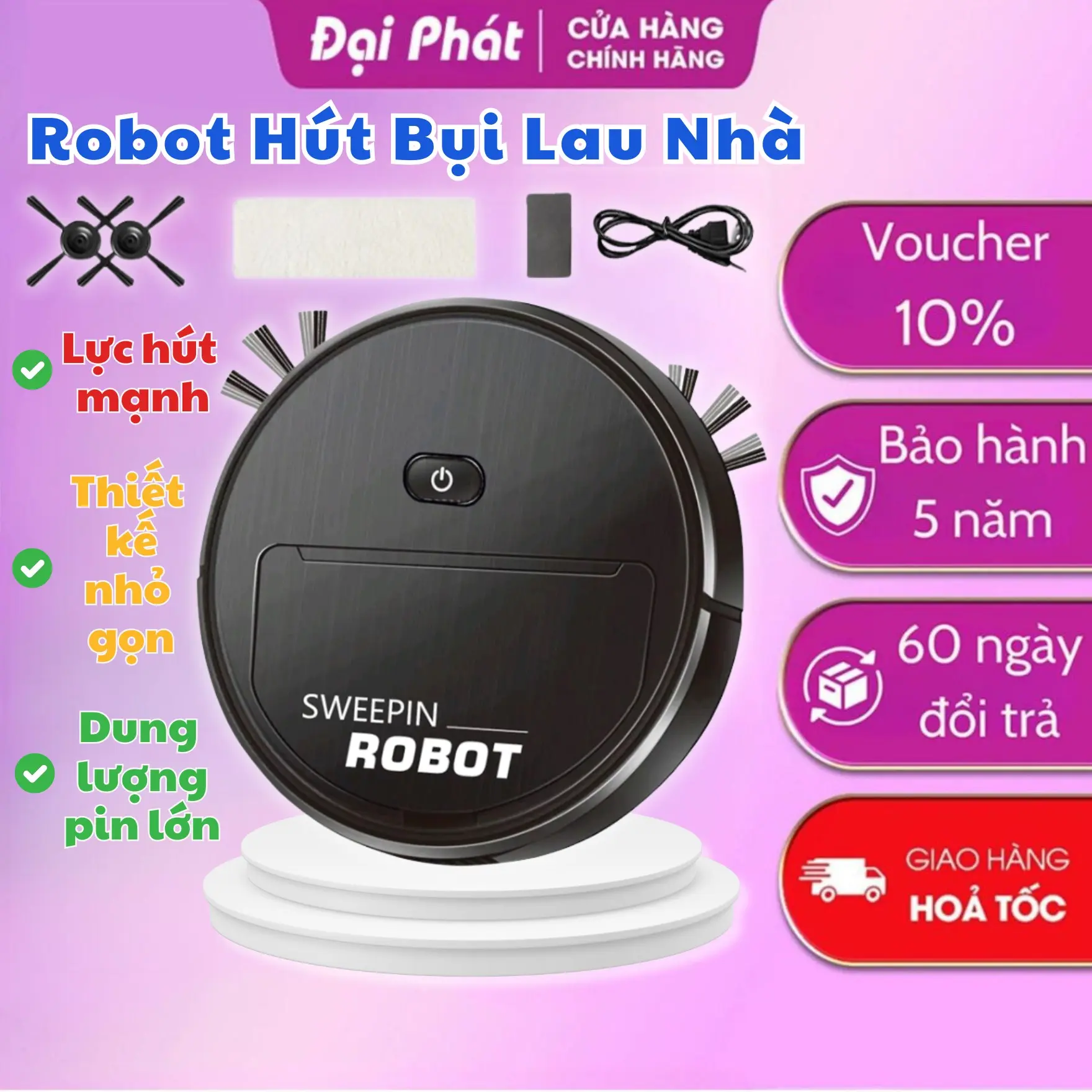 Robot Hút Bụi Thông Minh,Tự Động Phát Hiện Khi Gặp Các Vật Cản , Robot hút bụi 3 in 1 ( hút bụi,quét rác,lau sàn) Làm Sạch