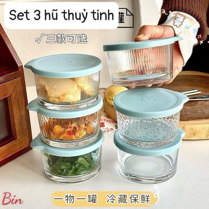 Set 3 Hộp Thủy Tinh đựnġ Thực Phẩm Nắp Ấn Mang Đi, Để Tủ Lạnh Dung Tích 200ml
