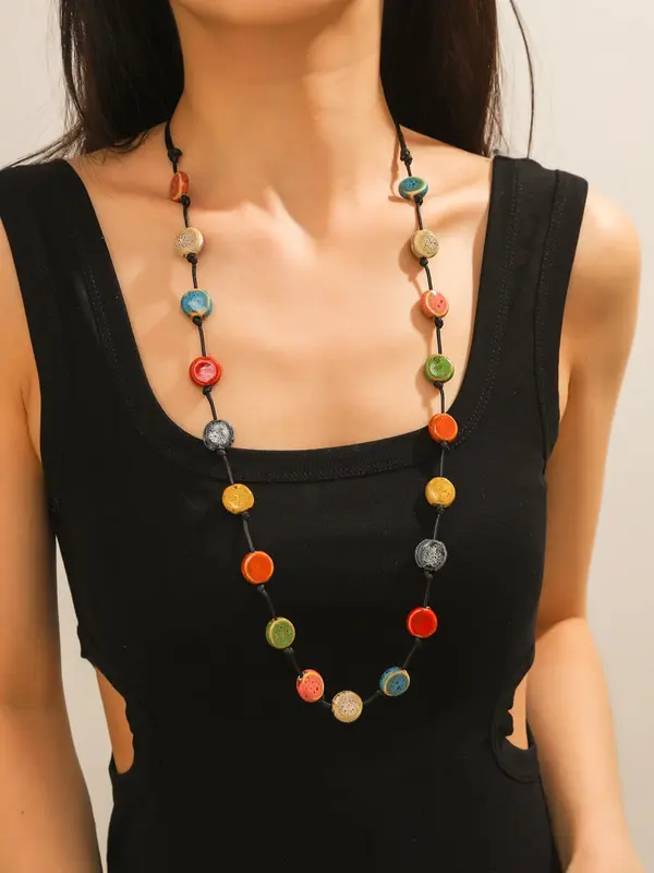 Boho Style Colorful Ceramic Bead Woven Pendant Necklace, Women's Sweater Chains Or Long Dress Accessories for Party, Daily Clothing Decor 5