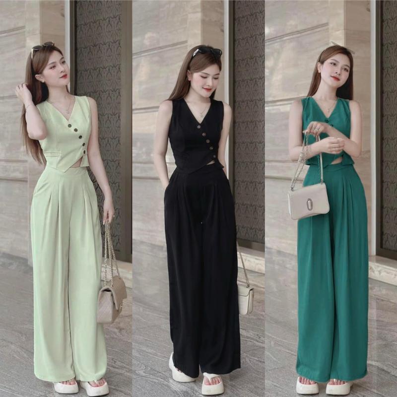  A18-Set thiết kế áo gile vạt chéo đính nút mix quần ống rộng xếp ly. Vải lụa hàn mềm mịn. Đủ size S,M,L,XL. hoaiphuongshop hoaiphuongxuongmay Nữ Women  Nhận làm theo yêu cầu  
