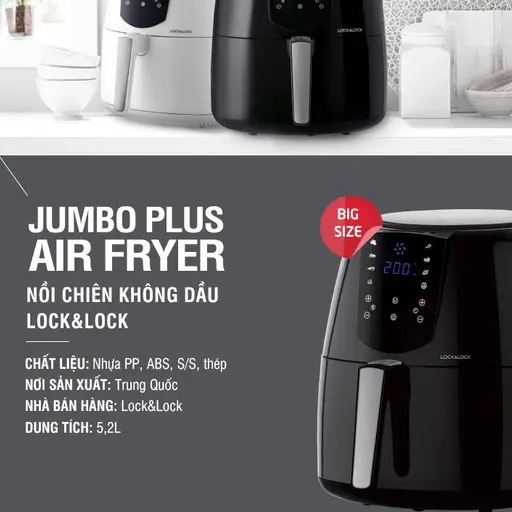 Nồi chiên không dầu LocknLock Chính hãng 5.2 Lít 1800W - Tặng chảo nướng 1,7L, Găng tay EJF357 - HAPOS MALL OFFICIAL 2