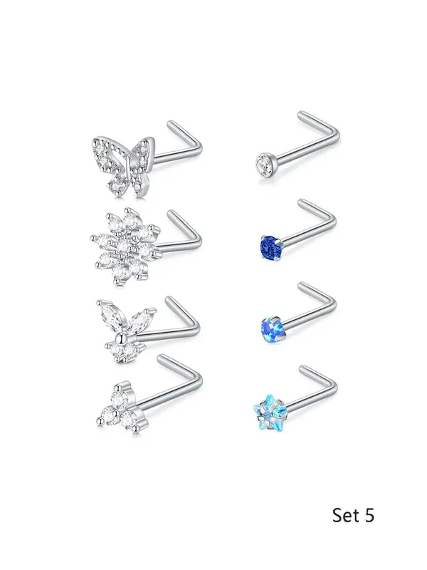 Cute Heart & Butterfly Decor Nose Stud, Stainless Steel Nose Stud Ring Set, L Shape Nose Studs, Spiral Nose Screw Stud Pack, Different Size Nose Ring Set 8