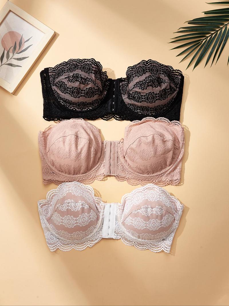 Product Introduction of 【Plus Size】 Women's Solid Color Lace Scallop Trim Push Up Front-Closure Bra, Soft Breathable Comfortable Underwire Backless Bra with Removable Transparent Straps for Daily Wear, Women's Lingerie for All Seasons 8