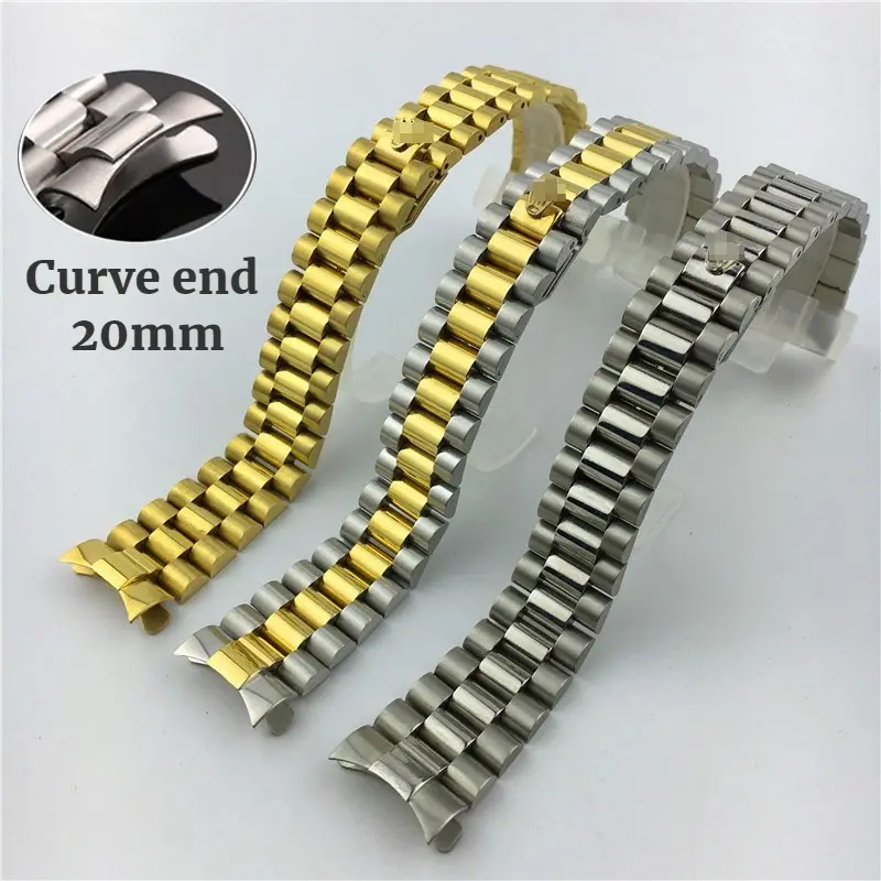 Dây đeo đồng Đồng Hồ kim loại, 13mm, 17mm, 20mm, cho Dòng Rolex Datejust, Dây đeo bằng thép không gỉ, màu đen, với khóa Tổng Thống, đầu cong, Thích hợp cho nam và nữ, Vòng đeo tay