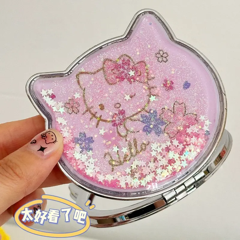 Gương Cát chảy, Kích thước nhỏ, Cầm Tay và Gấp, Gương đôi, Thích hợp cho mỹ phẩm, Phong cách Kitty, Cầm Tay và Cầm Tay Cosmetic 3