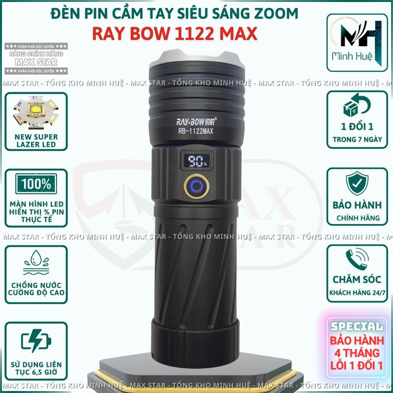 KHÔNG KÈM PIN Đèn pin siêu sáng RAY BOW 1122 MAX chiếu xa 700 mét có ZOOM sáng xa gần chống nước sạc ngược cho điện thȯạI