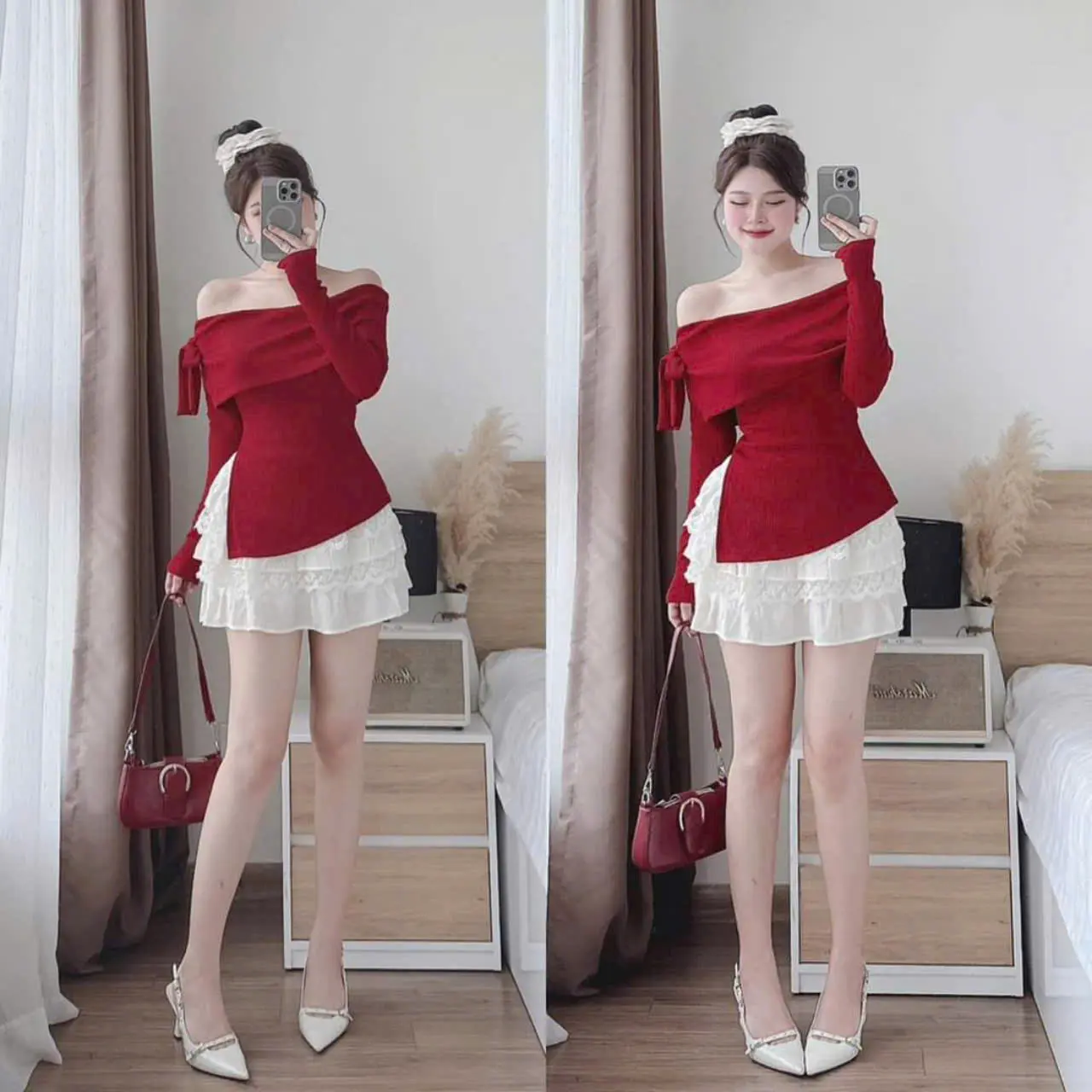 Sét đồ nữ 2 món áo thun tăm tay dài trễ vai cột nơ kèm chân váy ngắn xòe xếp tầng