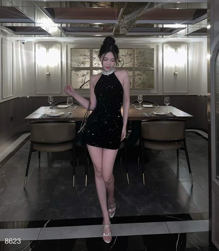 Đầm dự tiệc đính đá chất kim sa đầm body cổ yếm sang trọng CELIN DRESS Nữ Voi