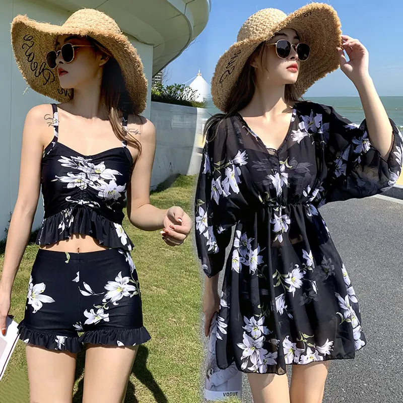 Baju renang gaya Korea untuk wanita, pakaian renang dengan tiga helai dan pelindung matahari