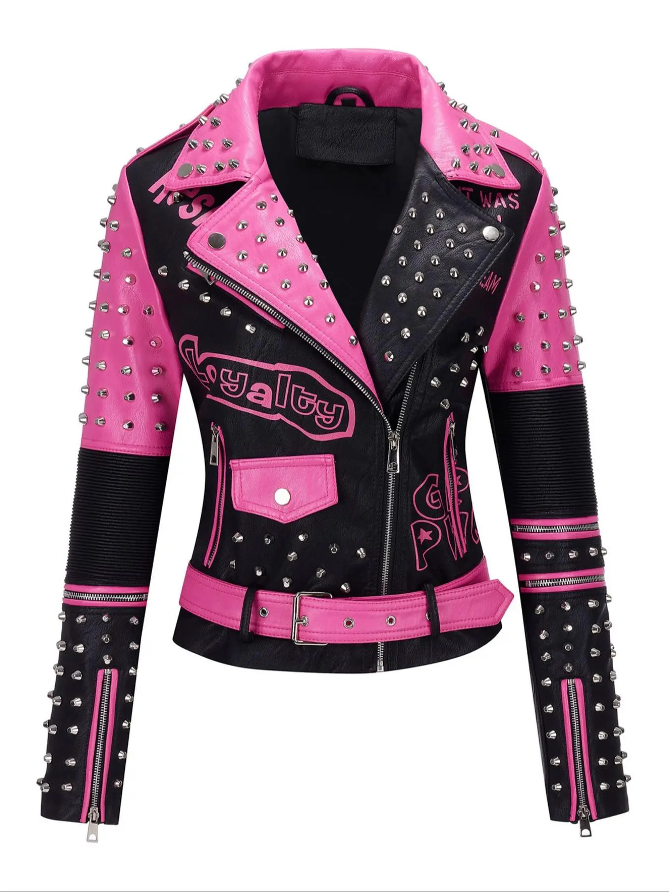 Women's Colorblock Rivet Decor Faux Leather Jacket with Belt, Fashion Casual Long Sleeve Zip Up Outerwear for Daily Outdoor Wear, Ladies Clothes for Spring & Fall, Biker Jacket