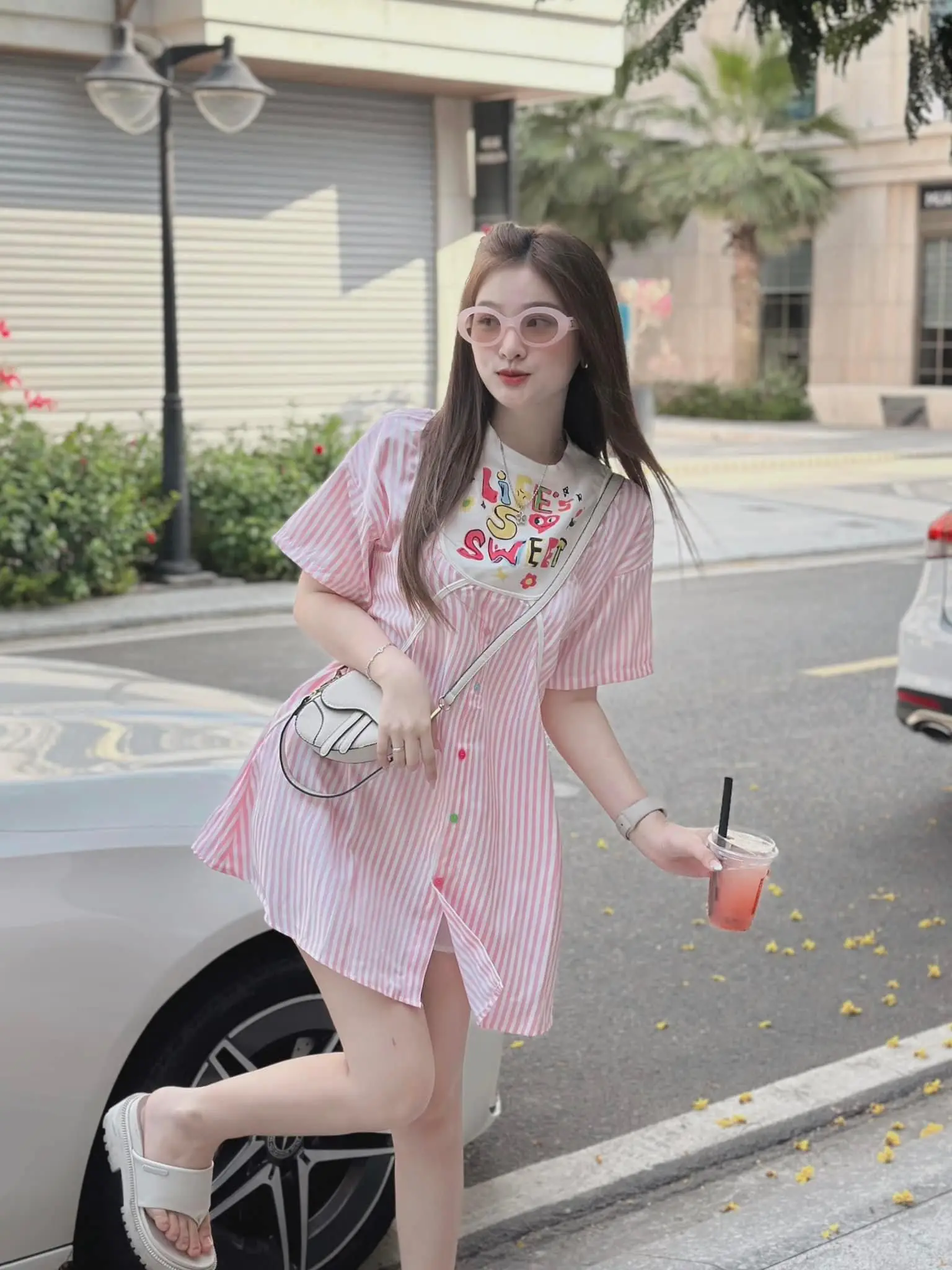Set váy Nữ, Set váy babydoll kẻ hồng in chữ ở cổ Áo Women