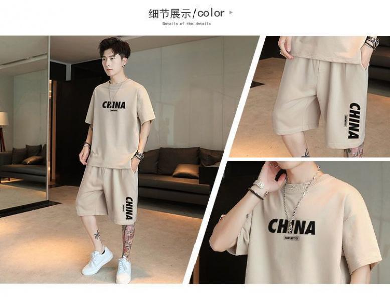 Product Introduction of Summer New Trendy Hong Kong Style Simple Letter Printing Leisure Sports Suit Green Student Short Sleeve Shorts Two Pieces Suit Menswear Overalls Lingerie Formal 6