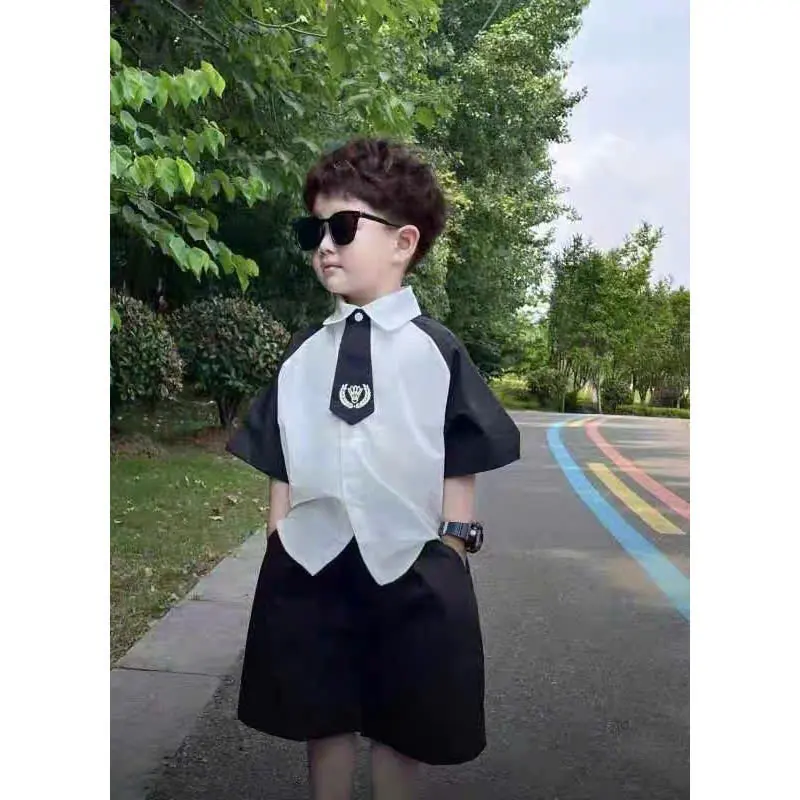 Set áo sơ mi kèm cà vạt bé trai áo sơ mi tay đen phối quần có dây đeo thời thượng, phong cách---MÃ CÀ VẠT 2