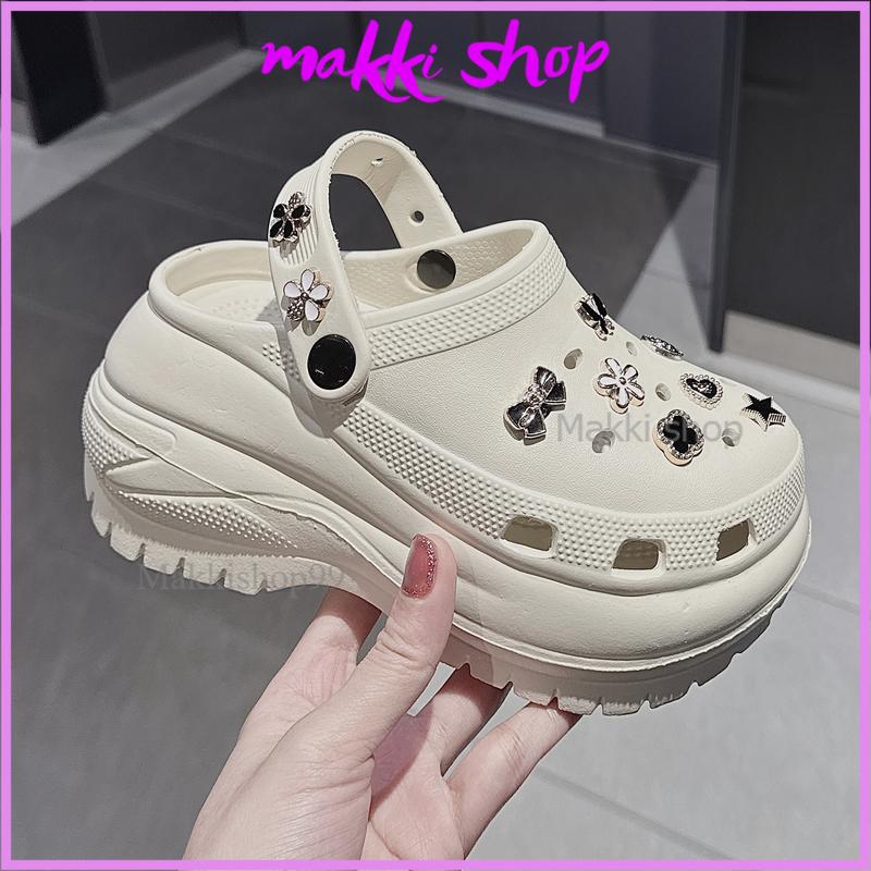 Tặng charm,Form rộng Dép sục độn đế cao 7cm chất cao su đúc nhẹ Sục gắn charm hoa đá hàng VNXK