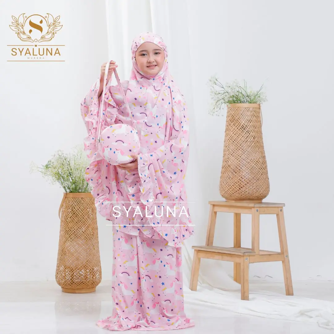 SYALUNA - Mukena Anak Usia 2 - 12 Tahun Rayon Motif Unicorn Atasan Katun Sekolah Muslim Simple Lembut Panjang Tanggung Nyaman Cantik Mukenah