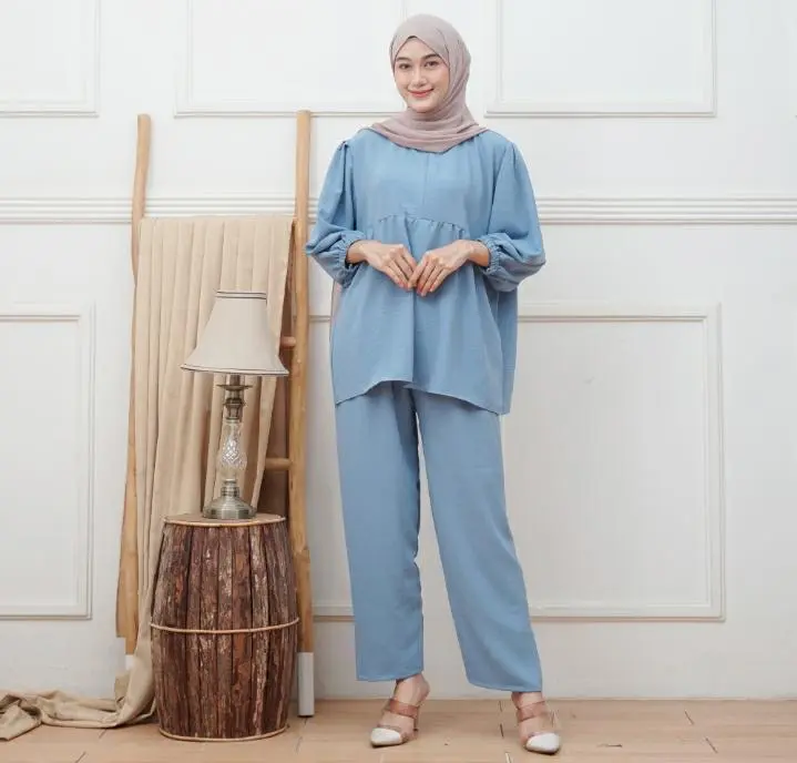setelan fida one set cringkle airflow Muslim Wanita Crinkle Baju Atasan Celana Dewasa Panjang Remaja Kulot Casual Oversize 3