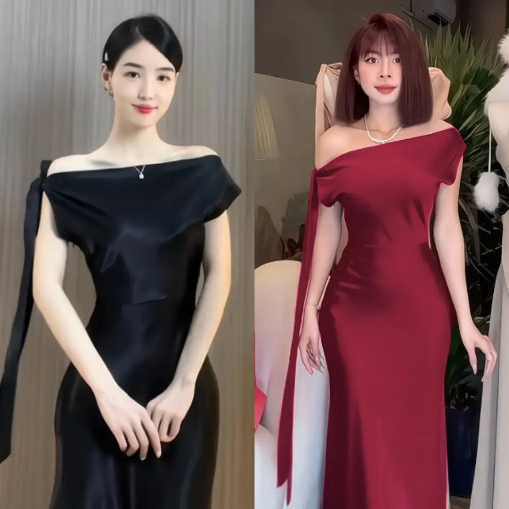Đầm Lụa Bigsize Lệch Vai, Chất Phi Lụa Dáng Dài Cho Nàng Từ 55-90Kg Women Dress Nữ Voi Voan Đen kara