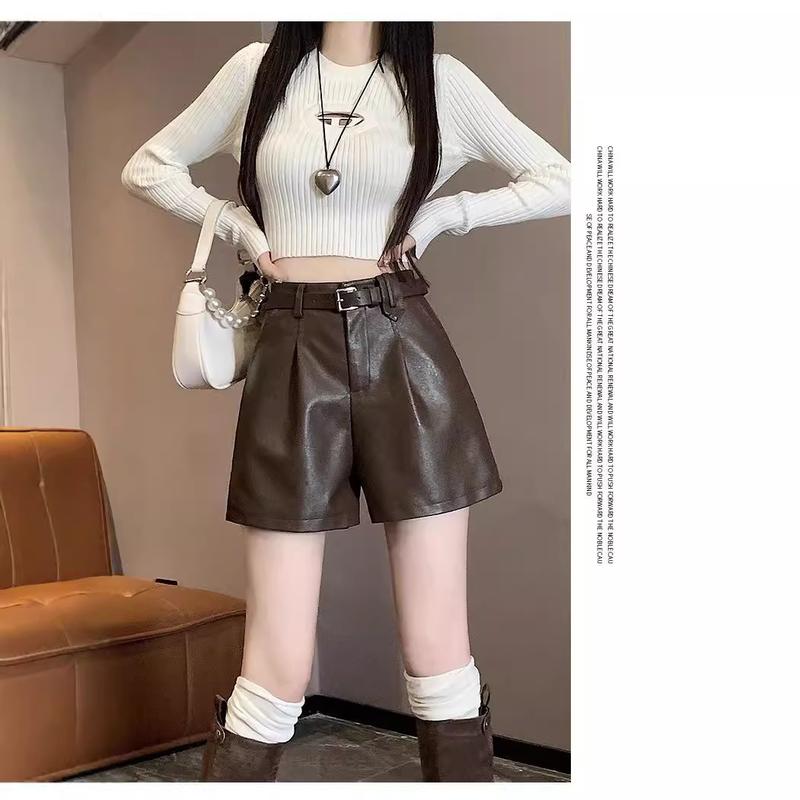 Quần Đùi Cạp Cao Chất Liệu Da PU, Chữ A, Thường Ngày, Dáng Ôm, Màu Đen, Dáng Rộng 1