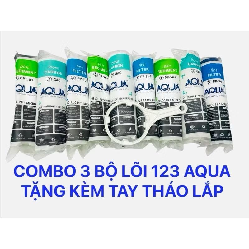  COMBO 3 BỘ LÕI LỌC NƯỚC 123 a qua Lắp CHO MÁY LỌC NƯỚC RO tặng tay công tháo cốc lọc 1,2,3 10inch 