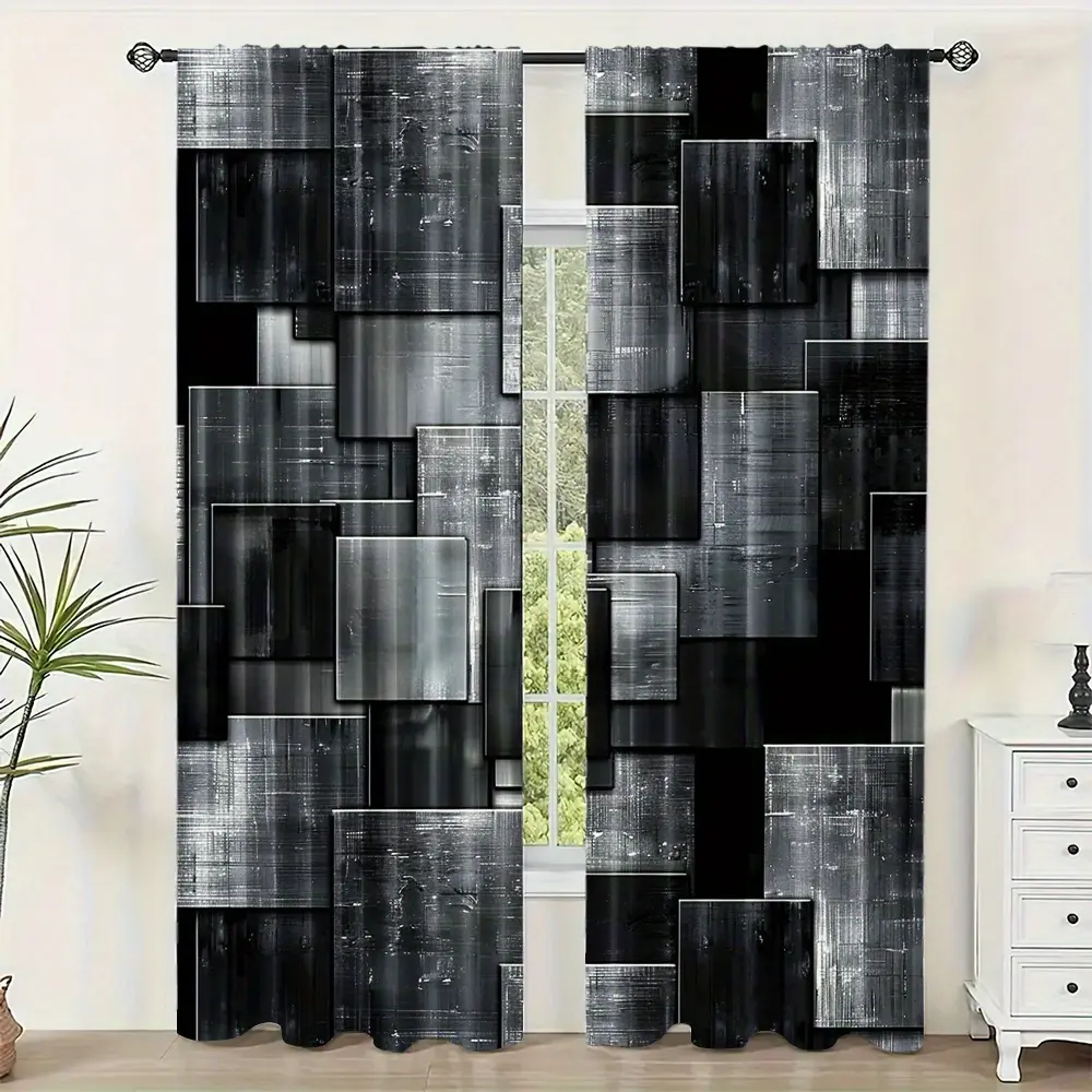 2-Pack Modern Geometric Black and White Polyester Rod Pocket Curtains for Bedroom, Office, Kitchen, Living Room, Study - Easy to Install, Durable Home Decor Window Treatments