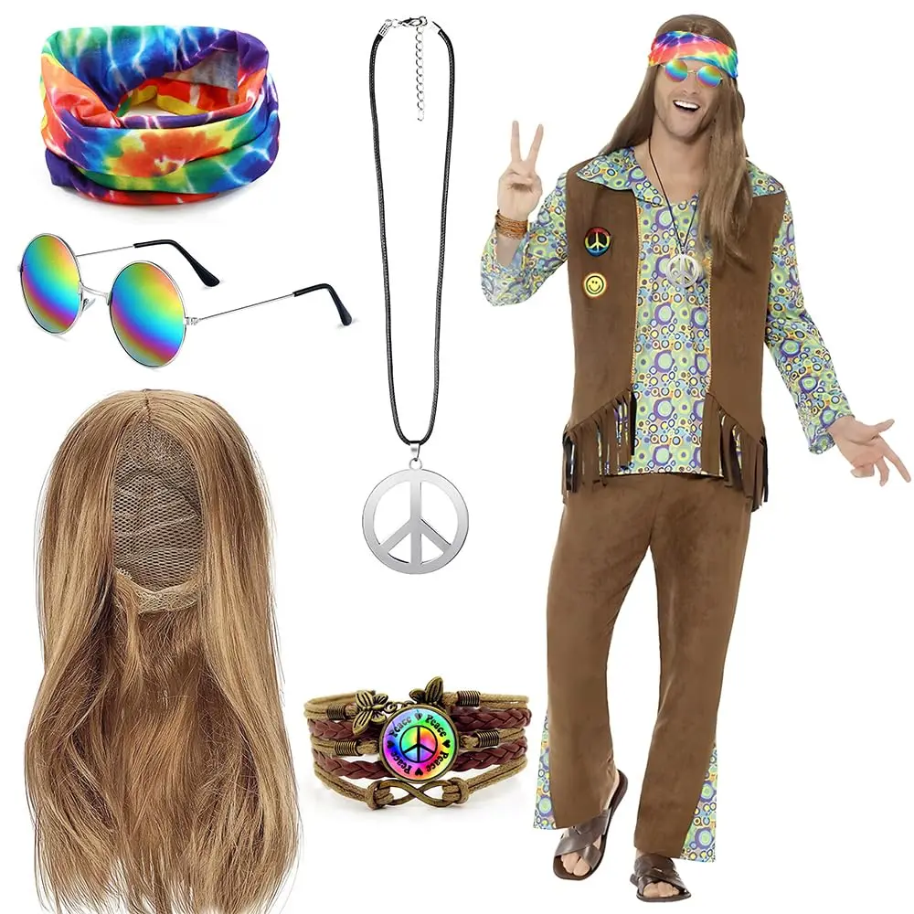 Hippie Costume Accessories Set, Wig Peace Sign Necklace Hippie Sunglasses and Tie Dye Headband Accessories for 60s 70s Outfits Party Cosplay