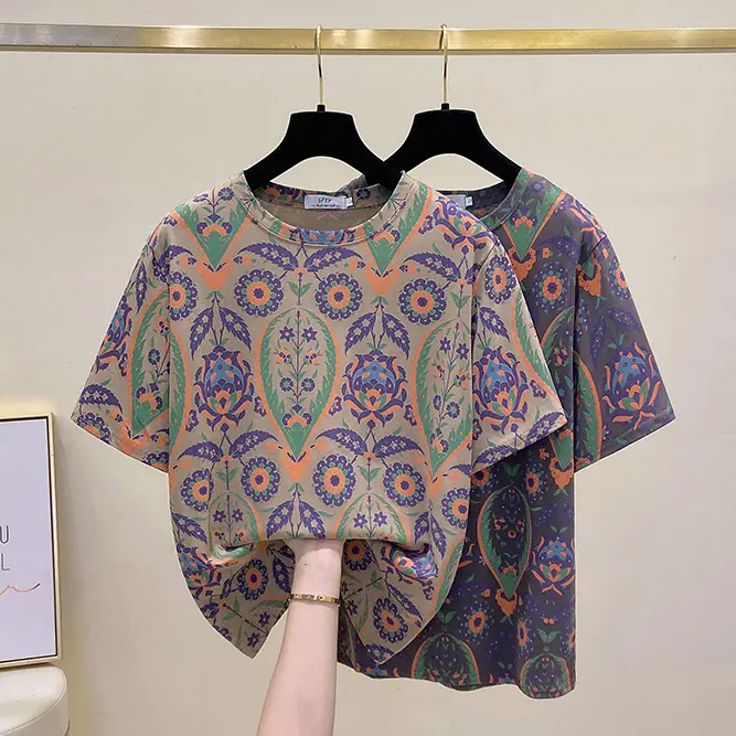 Áo Thun Cotton Ngắn Tay, Cỡ Lớn, Dành Cho Nữ, Hàng Mới Về Mùa Hè 2024, Phong Cách Hàn Quốc, Dáng Rộng Rãi Và Bó Sát, Dễ Phối Đồ, Áo Thun Cổ Thuyền In Hình, Dành Cho Nữ