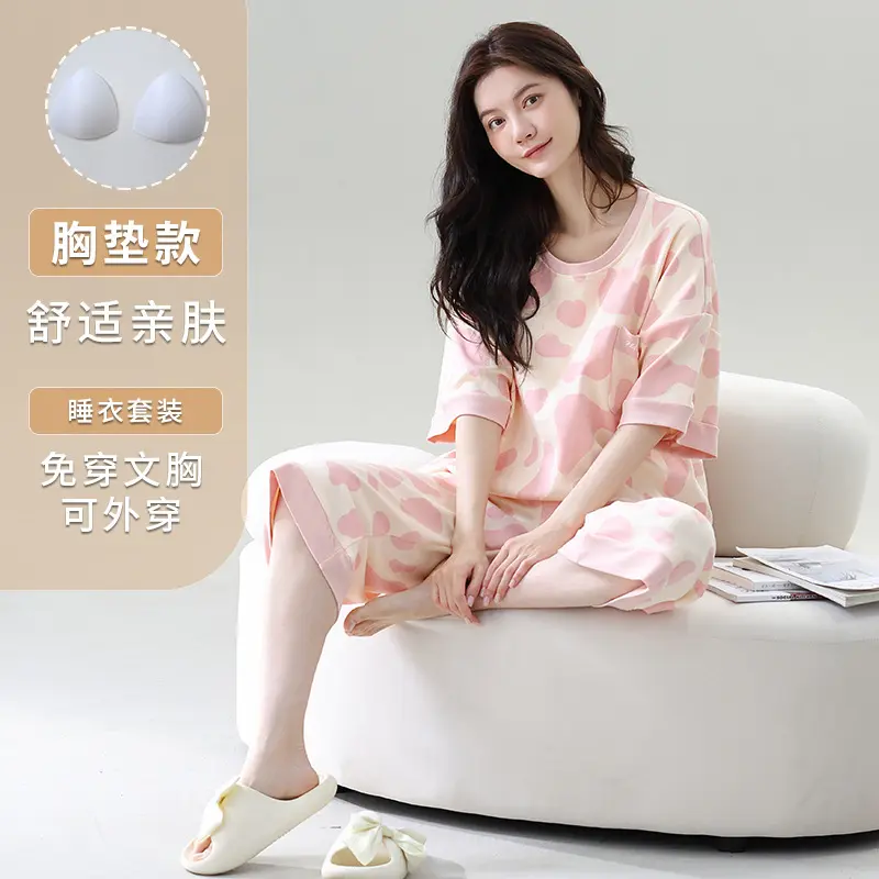 Women's short sleeved cropped pants with chest cushion, summer round neck imitation cotton and plus fat plus plus plus size casual home clothes can be worn outside