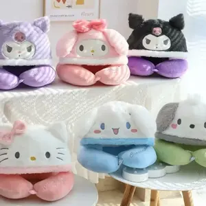 Bantal Leher Hoodie Karakter Lucu Kuromi My Melody Cinnamoroll Stitch LinaBell Alien Lotso Pooh Stella Lou Duffy Shellie May U-shaped Neck Pillow Bantal Traveling Mobil Boneka Bentuk Topi Bed