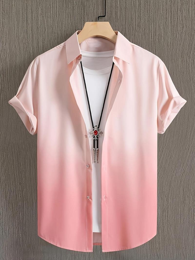 Product Introduction of Plus Size Men's Ombre Print Short Sleeve Shirt, Casual Fashion Necklace Decor Button Up Top for Summer, Men's Clothes for Daily Wear 1