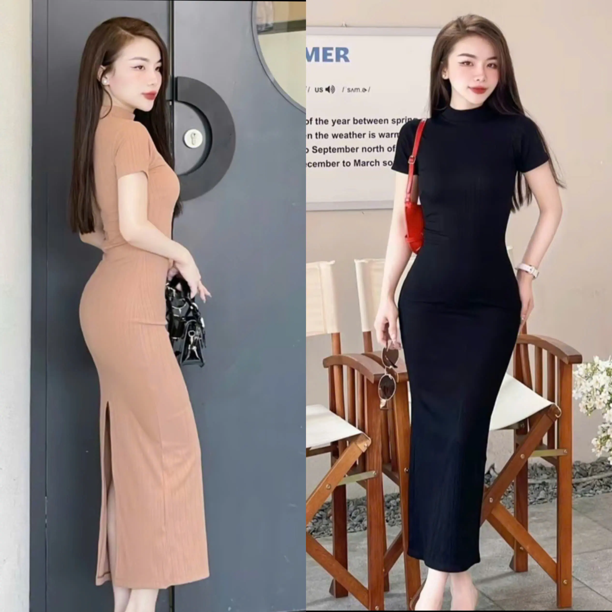 Đầm ôm body cổ lọ xẻ tà dáng dài chất thun gân cao cấp dày dặn ôm dáng