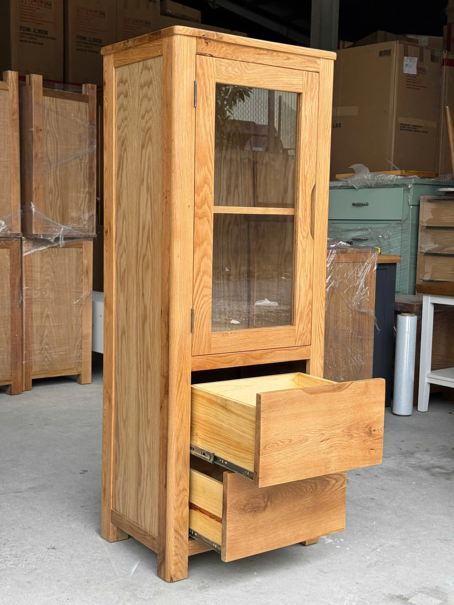 kệ tủ trưng bày 1 cánh 2 ngăn kéo gỗ sồi Mỹ Mon_New để phòng khách, phòng bếp, phòng ngủ đa năng