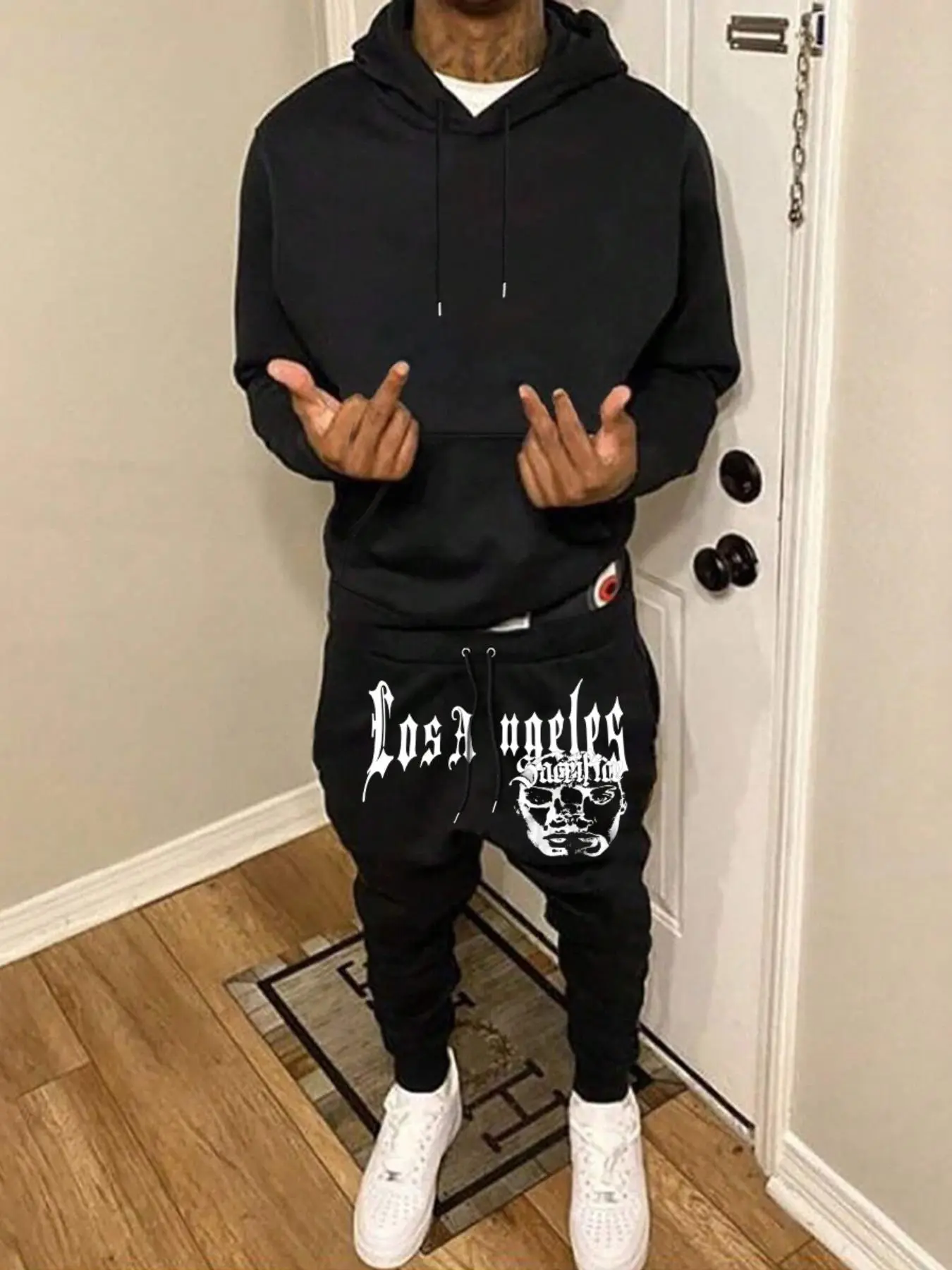 Men's Drawstring Hoodie & Letter Print Sweatpants Set, Regular Fit Casual Long Sleeve Hoodie & Pocket Jogger Pants, Men's Fall & Winter Clothes Mens Paris Tracksuit