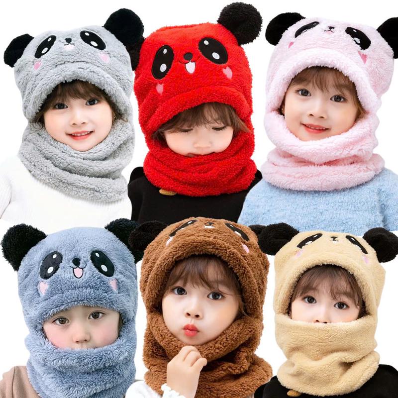Mũ Lông Gấu Panda Cho Bé, Nón Len Trẻ Em Lông Cừu Liền Khăn Ấm Áp Mùa Đông Voi Hat