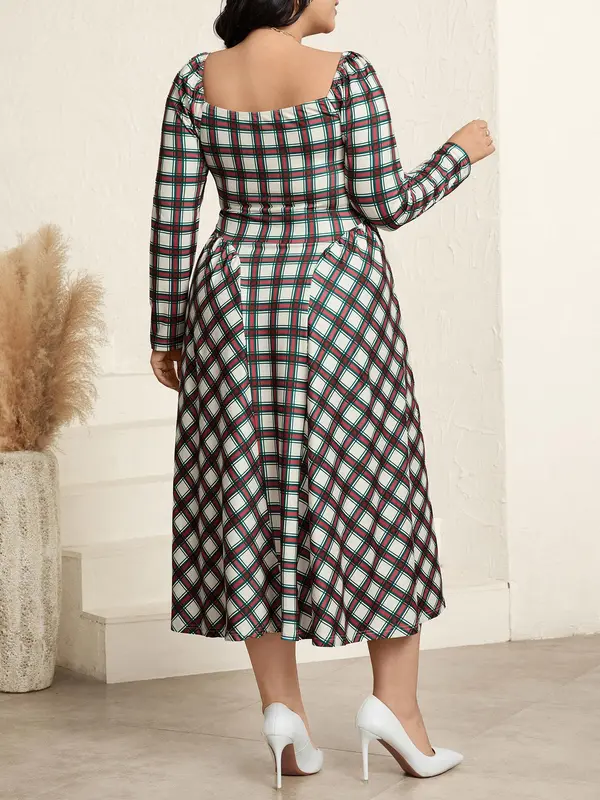 CURVZY Plus Size Plaid Print Tie Front Backless A Line Dress, Elegant Sweetheart Neck Long Sleeve Dress for Party Holiday Wedding Guest, Women's Clothes for Spring & Fall 1