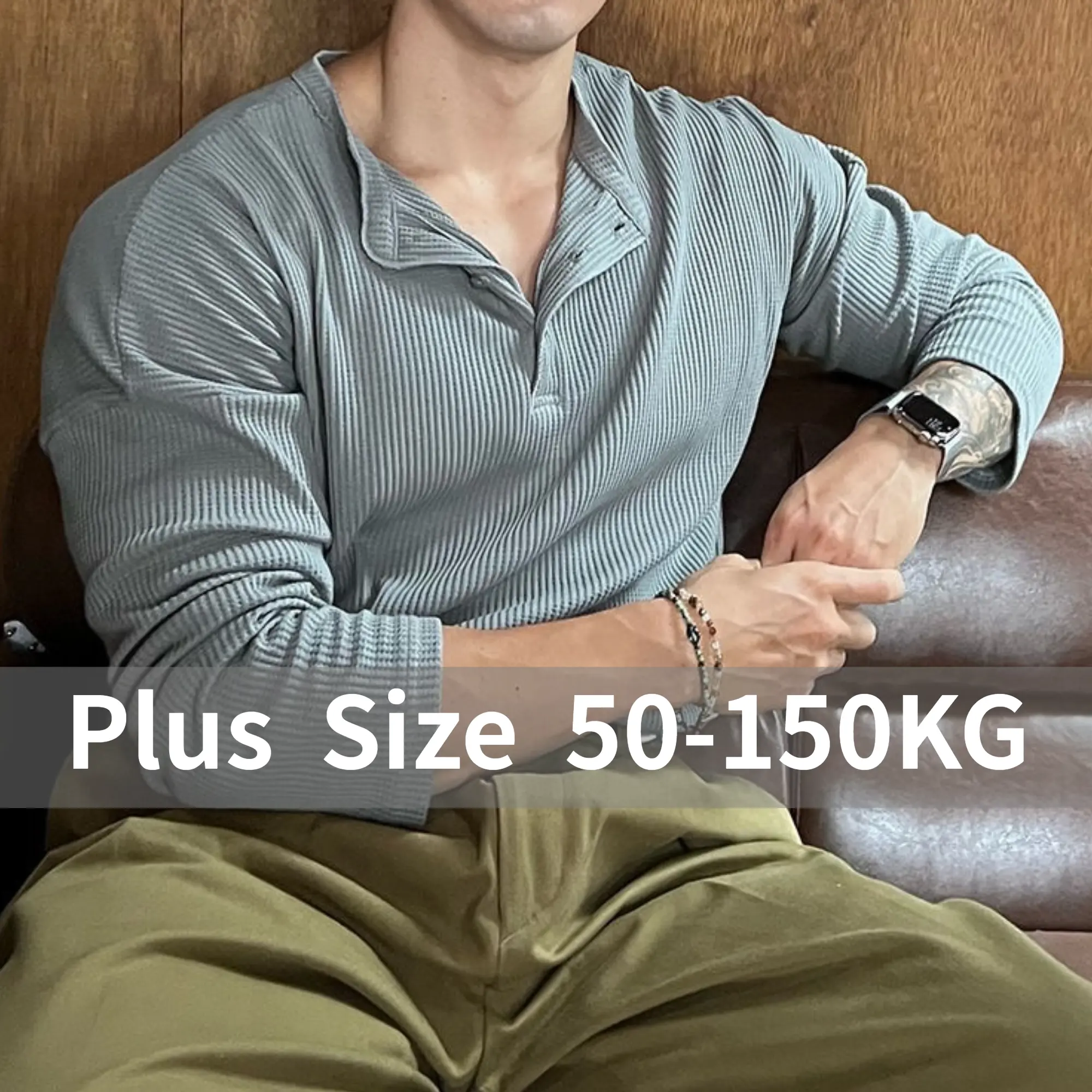 50-150KG Plus Size Stand Henry Collar Men Stripes Waffle Large Size Long Sleeve Grey T-shirt