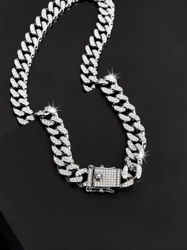 Sparkly Luxury Rhinestone Decor Chain Necklace, Summer Outfits 2024 Hip Hop Punk Style Cuban Chain Necklace, Matching Jewellery for Women for Parties & Gifts 3